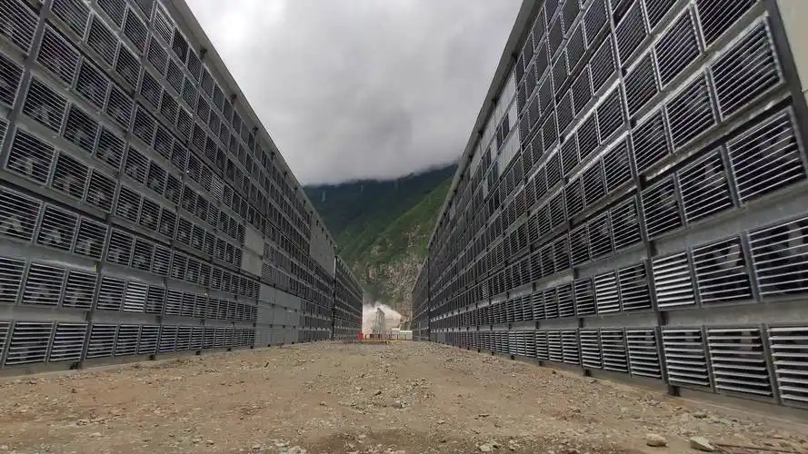 A view of a cryptocurrency mining farm with numerous machines